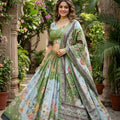 Stylish Olive Green Floral Digital Printed Tabby Silk Designer Lehenga Choli with Matching Dupatta for Wedding