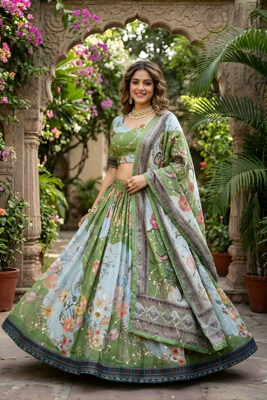 Stylish Olive Green Floral Digital Printed Tabby Silk Designer Lehenga Choli with Matching Dupatta for Wedding