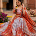 Vibrant Orange Floral Digital Printed Tabby Silk Designer Lehenga Choli with Matching Dupatta