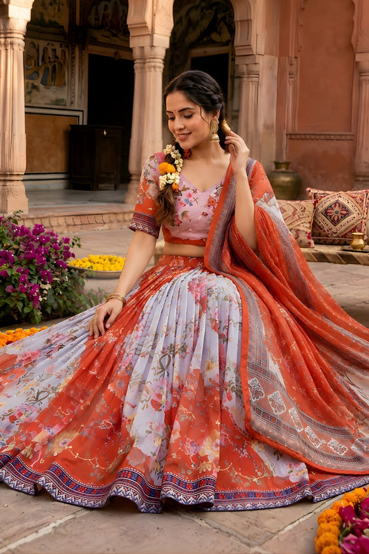 Vibrant Orange Floral Digital Printed Tabby Silk Designer Lehenga Choli with Matching Dupatta