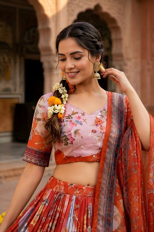 Vibrant Orange Floral Digital Printed Tabby Silk Designer Lehenga Choli with Matching Dupatta