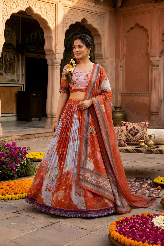 Vibrant Orange Floral Digital Printed Tabby Silk Designer Lehenga Choli with Matching Dupatta