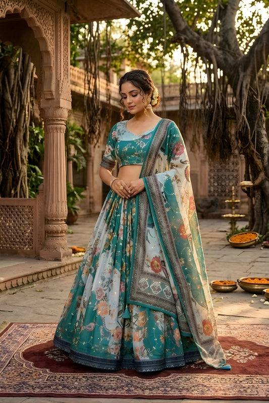 Wonderful Teal Blue Floral Digital Printed Tabby Silk Designer Lehenga Choli with Matching Dupatta