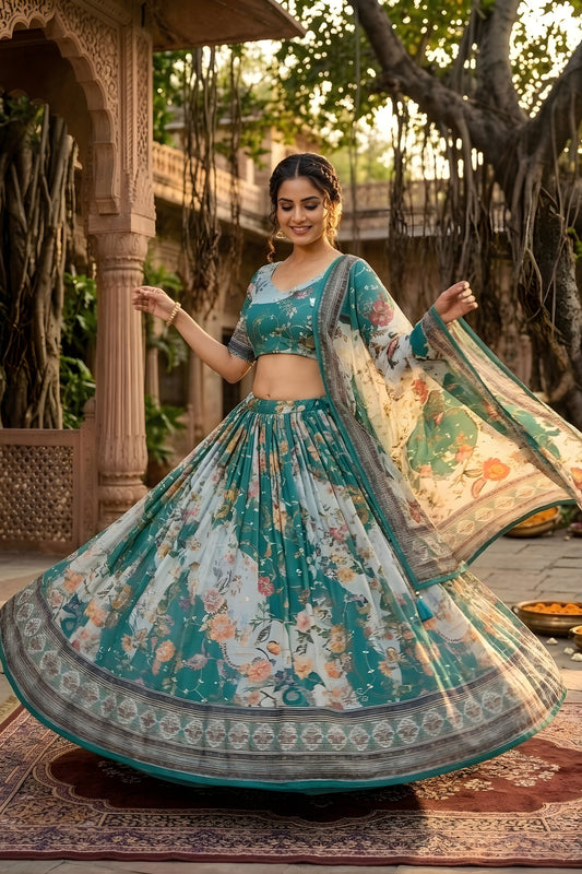 Wonderful Teal Blue Floral Digital Printed Tabby Silk Designer Lehenga Choli with Matching Dupatta