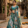 Wonderful Teal Blue Floral Digital Printed Tabby Silk Designer Lehenga Choli with Matching Dupatta