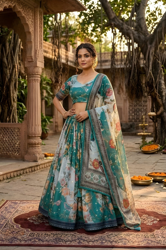 Wonderful Teal Blue Floral Digital Printed Tabby Silk Designer Lehenga Choli with Matching Dupatta
