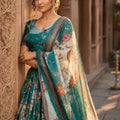 Wonderful Teal Blue Floral Digital Printed Tabby Silk Designer Lehenga Choli with Matching Dupatta