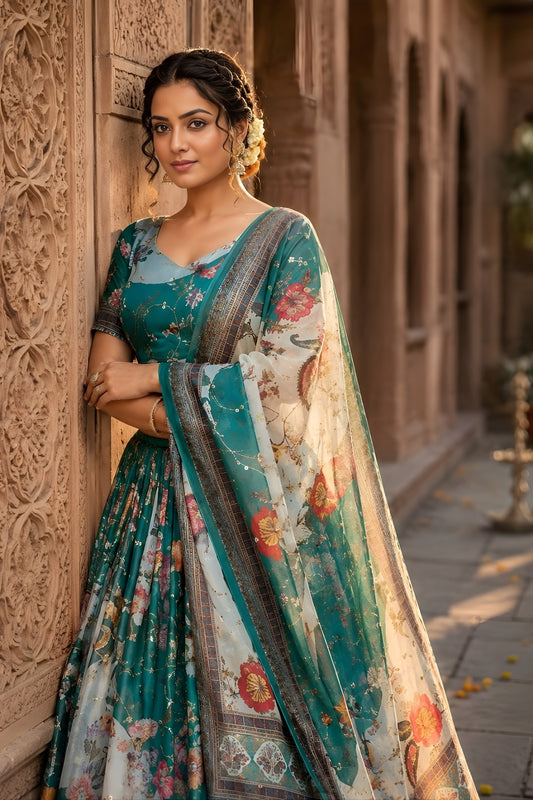 Wonderful Teal Blue Floral Digital Printed Tabby Silk Designer Lehenga Choli with Matching Dupatta