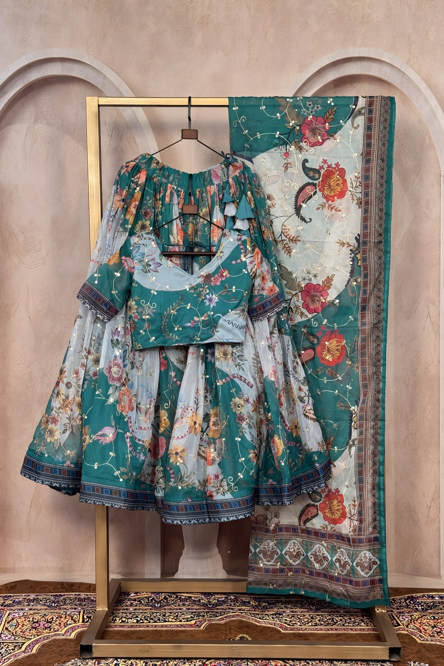Wonderful Teal Blue Floral Digital Printed Tabby Silk Designer Lehenga Choli with Matching Dupatta