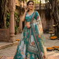 Wonderful Teal Blue Floral Digital Printed Tabby Silk Designer Lehenga Choli with Matching Dupatta 