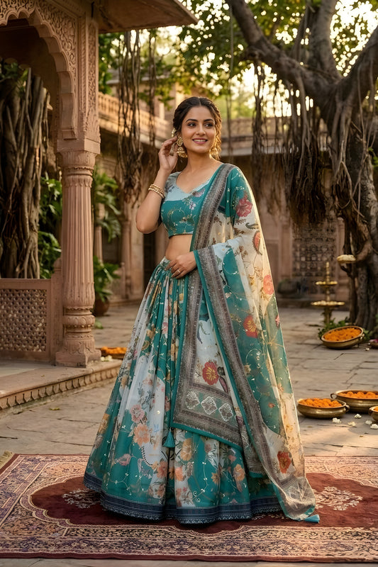 Wonderful Teal Blue Floral Digital Printed Tabby Silk Designer Lehenga Choli with Matching Dupatta 