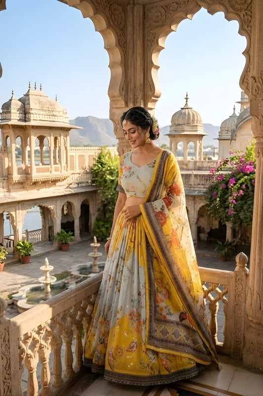 Stunning Yellow Floral Digital Printed Tabby Silk Designer Lehenga Choli with Matching Dupatta