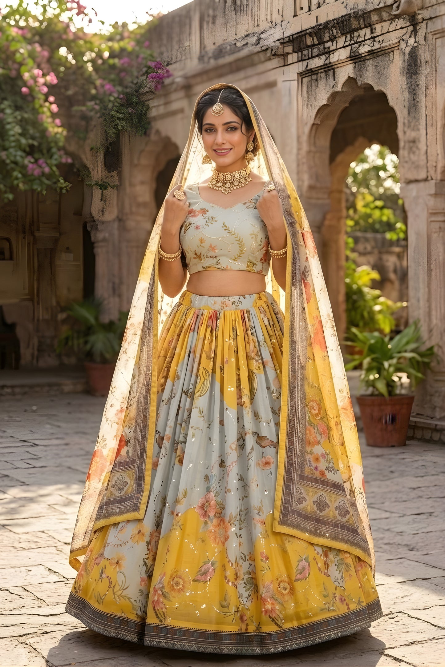 Stunning Yellow Floral Digital Printed Tabby Silk Designer Lehenga Choli with Matching Dupatta