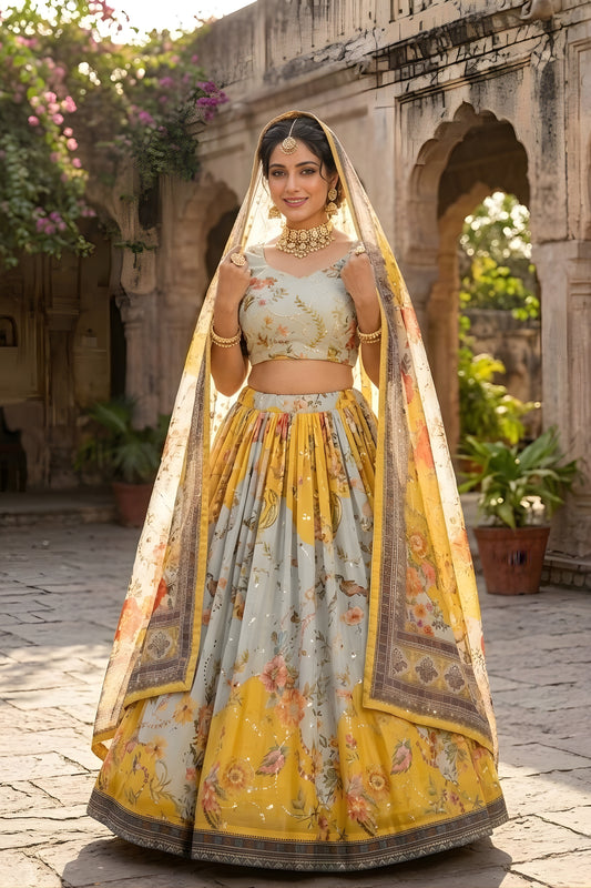 Stunning Yellow Floral Digital Printed Tabby Silk Designer Lehenga Choli with Matching Dupatta