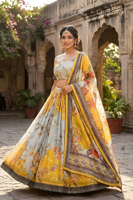 Stunning Yellow Floral Digital Printed Tabby Silk Designer Lehenga Choli with Matching Dupatta