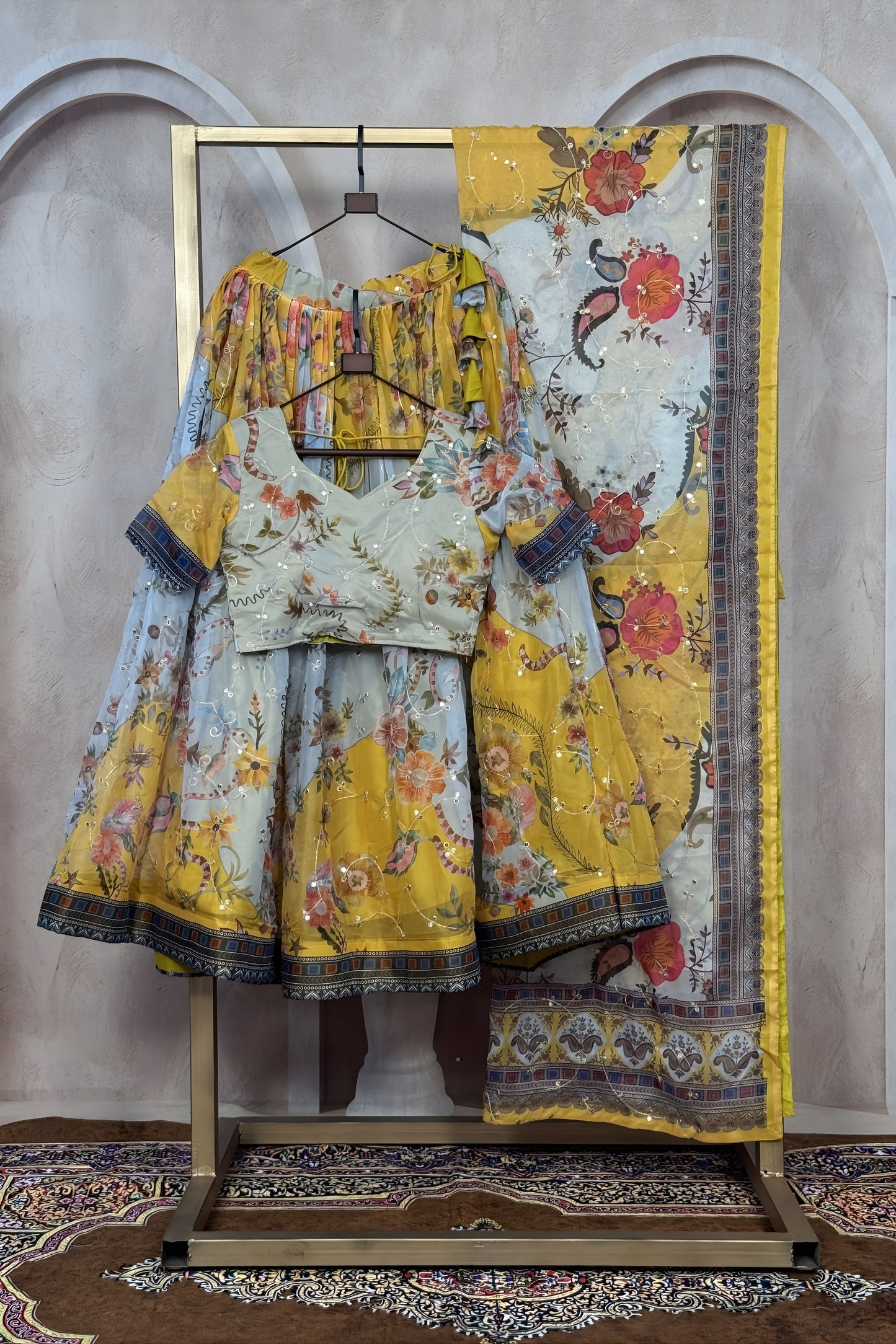 Stunning Yellow Floral Digital Printed Tabby Silk Designer Lehenga Choli with Matching Dupatta