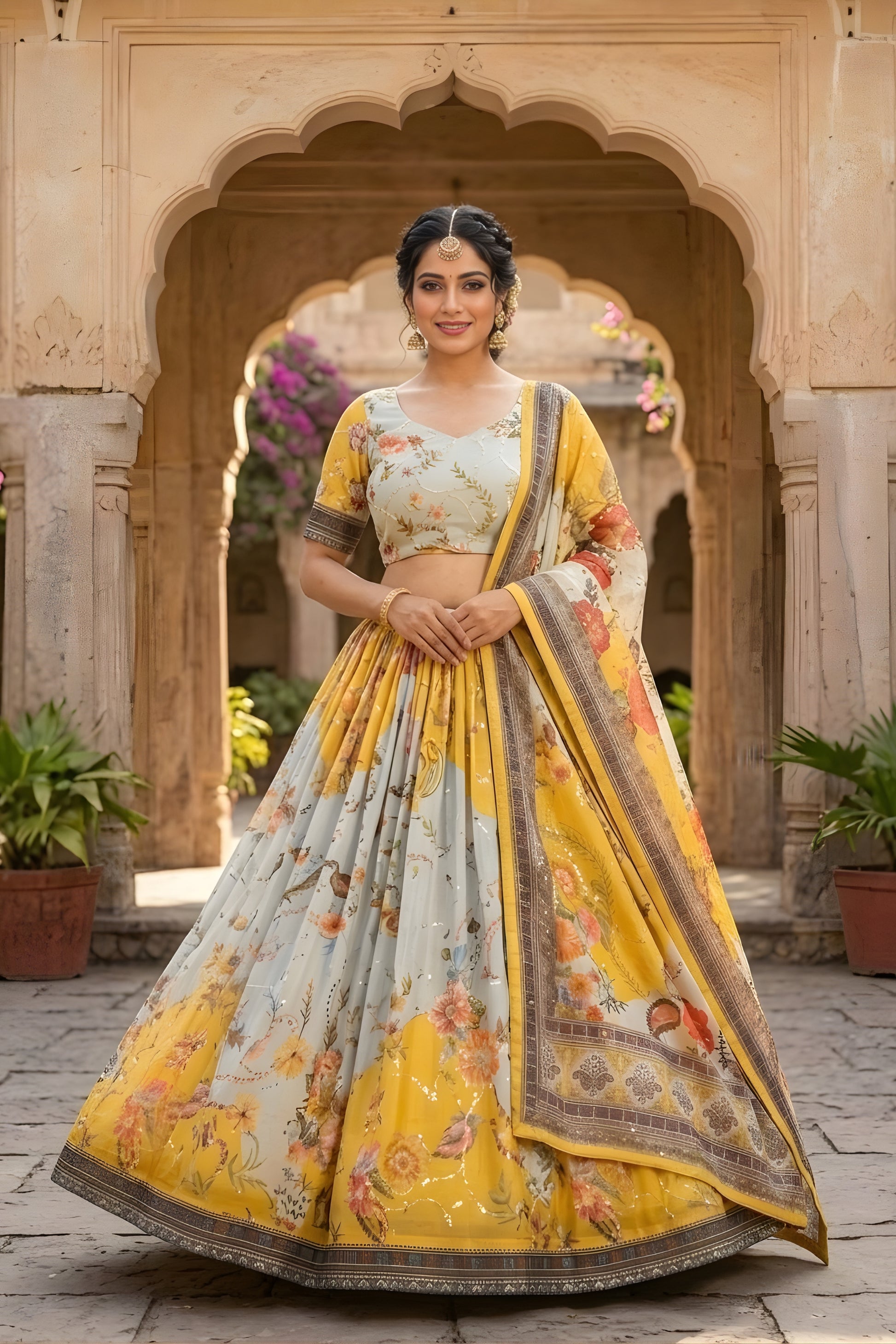 Stunning Yellow Floral Digital Printed Tabby Silk Designer Lehenga Choli with Matching Dupatta
