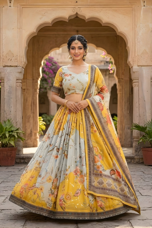 Stunning Yellow Floral Digital Printed Tabby Silk Designer Lehenga Choli with Matching Dupatta