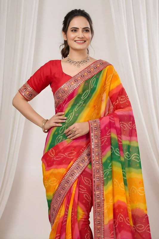 Multicolor Georgette Digital Printed Saree Embroidered Border for Wedding