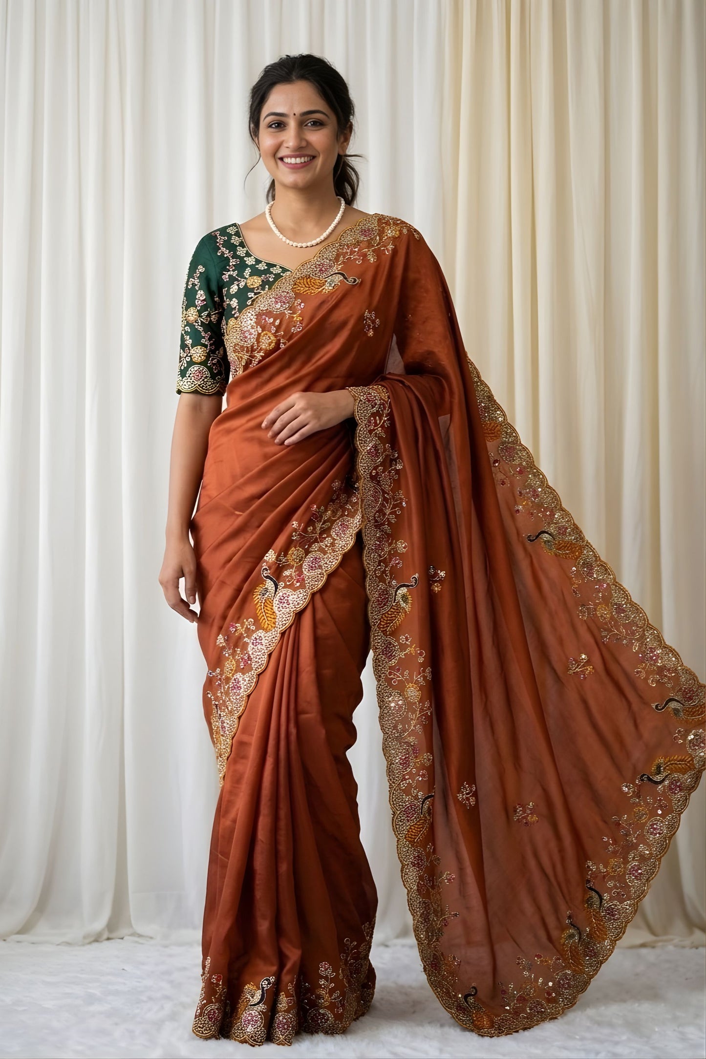Gracefull Orange Rangoli Silk Saree Embroidered Border for Wedding
