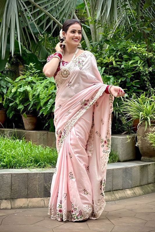 Beautifull Baby Pink Dolla Silk Saree Embroidered Border for Wedding
