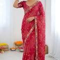 Graceful Rani Pink Georgette Digital Print Saree Embroidery Work Border