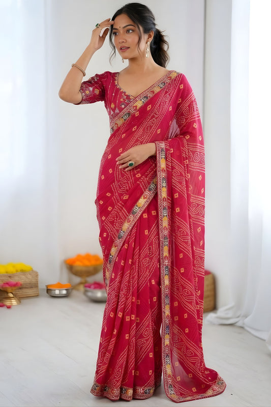 Graceful Rani Pink Georgette Digital Print Saree Embroidery Work Border