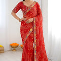 Royal Red Georgette Bandhani Printed Saree Embroidered Border for Wedding