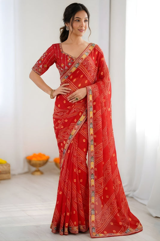 Royal Red Georgette Bandhani Printed Saree Embroidered Border for Wedding
