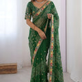 Stylish Green Georgette Bandhani Printed Saree Embroidered Border for Wedding