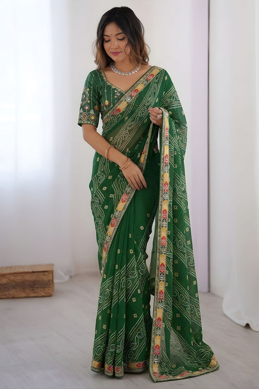 Stylish Green Georgette Bandhani Printed Saree Embroidered Border for Wedding