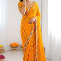 Royal Mustard Yellow Georgette Bandhani Printed Saree Embroidered Border for Wedding