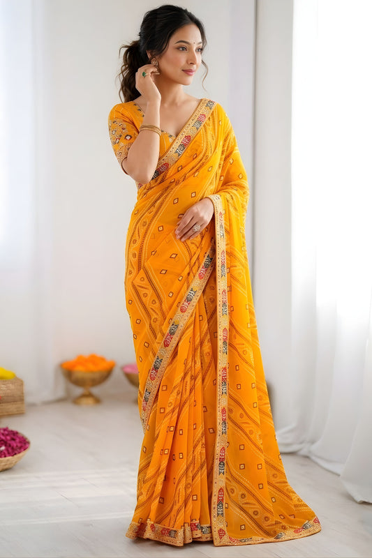 Royal Mustard Yellow Georgette Bandhani Printed Saree Embroidered Border for Wedding