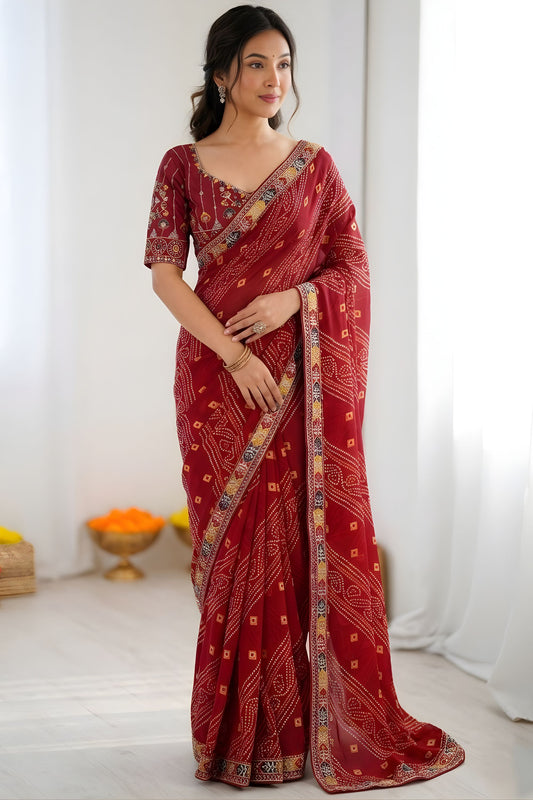 Premium Maroon Georgette Bandhani Printed Saree Embroidered Border for Wedding