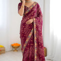 Stylish Wine Georgette Bandhani Printed Saree Embroidered Border for Wedding