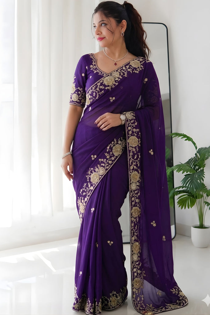 Royal Purple Rangoli Silk Embroidered Saree Border for Wedding