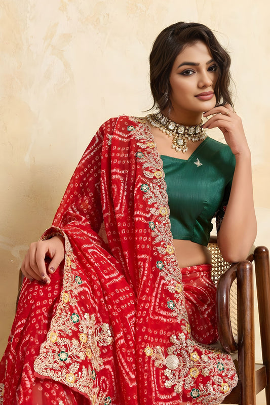 Royal Red Georgette Bandhani Printed Saree Border for Wedding
