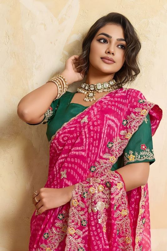Graceful Rani Pink Georgette Bandhani Printed Saree Heavy Border for Wedding