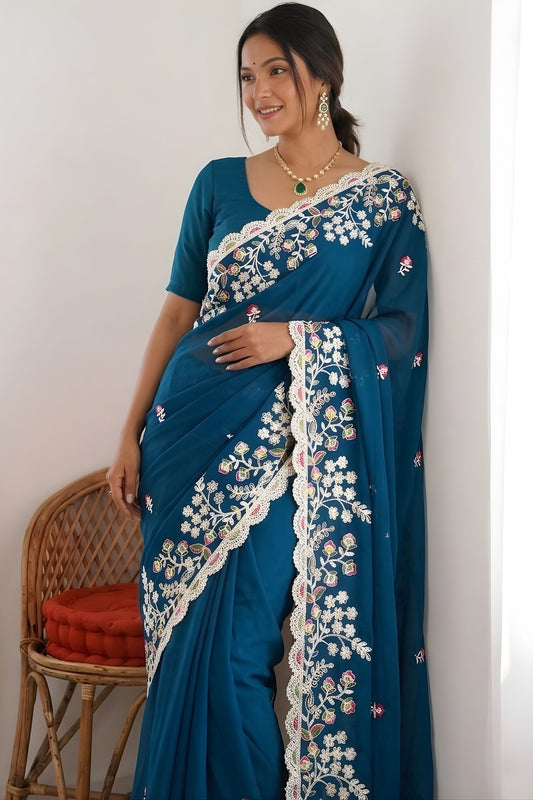 Royal Teal Blue Rangoli Silk Embroidered Saree Heavy Border for Wedding