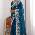 Royal Teal Blue Rangoli Silk Embroidered Saree Heavy Border for Wedding