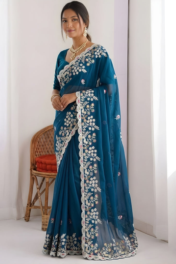 Royal Teal Blue Rangoli Silk Embroidered Saree Heavy Border for Wedding