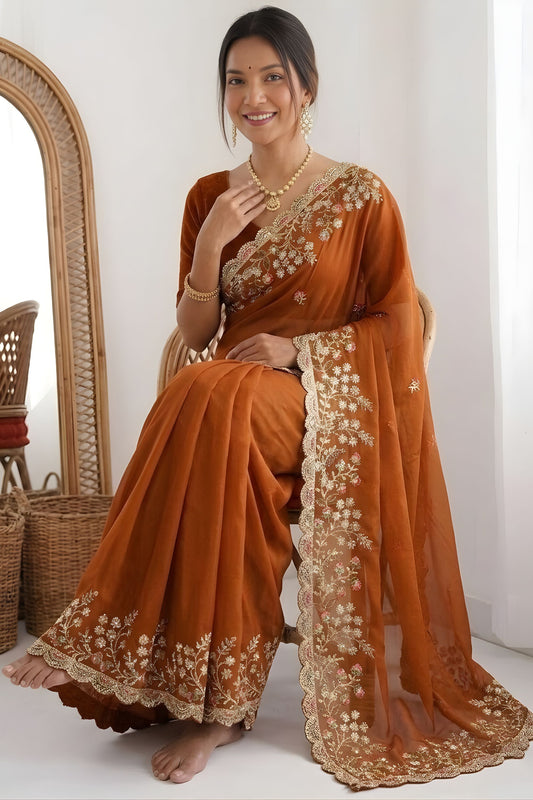 Graceful Rust Brown Rangoli Silk Embroidered Saree Heavy Border for Wedding