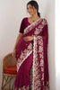 Luxury Wine Rangoli Silk Embroidered Saree Heavy Border for Wedding