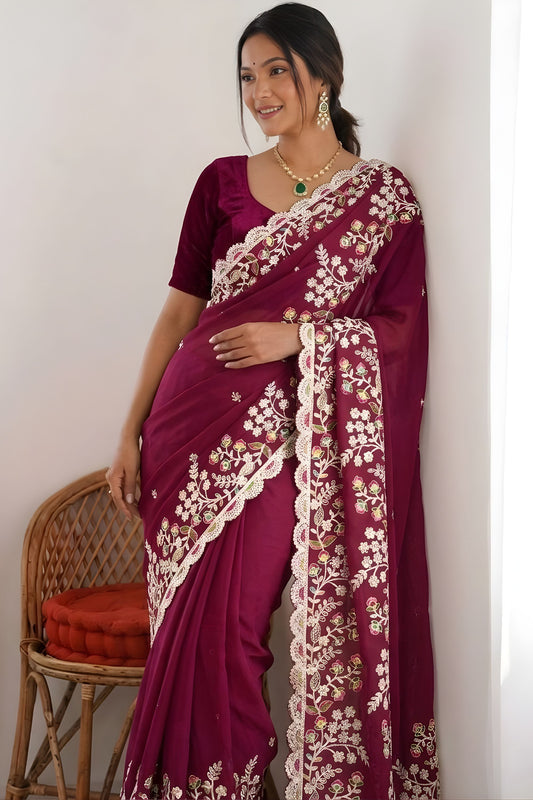 Luxury Wine Rangoli Silk Embroidered Saree Heavy Border for Wedding