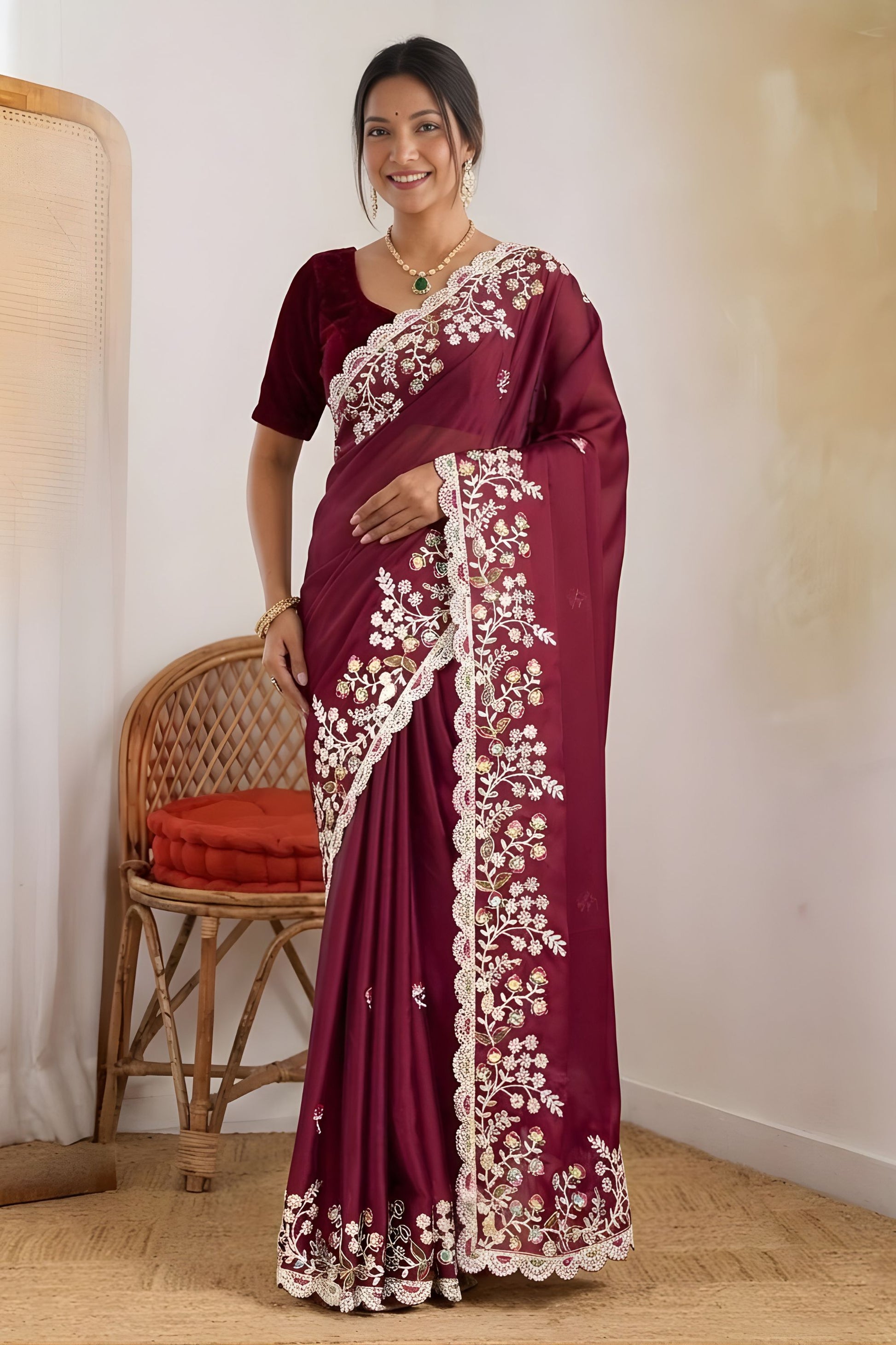 
Luxury Maroon Rangoli Silk Embroidered Saree Heavy Border for Wedding

