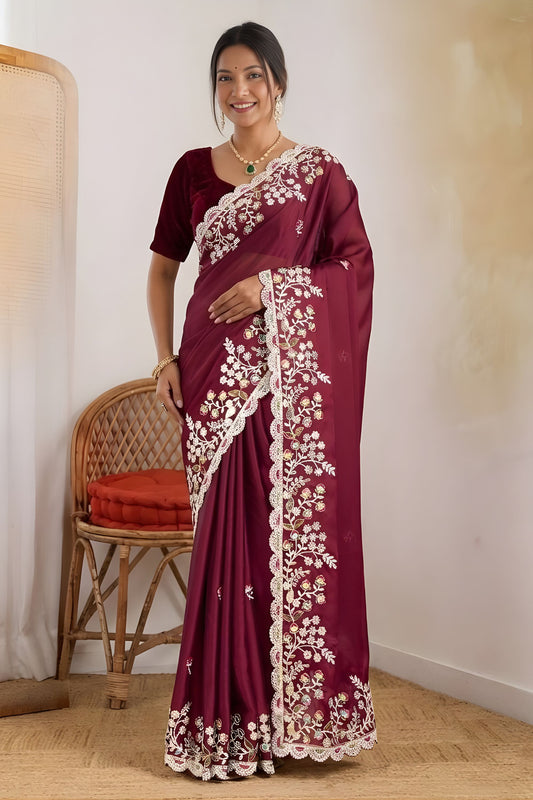 
Luxury Maroon Rangoli Silk Embroidered Saree Heavy Border for Wedding
