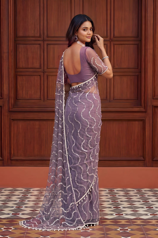 Elegant Lavender Net Embroidered Saree Sequins Work for Wedding