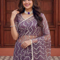 Elegant Lavender Net Embroidered Saree Sequins Work for Wedding