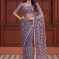 Elegant Lavender Net Embroidered Saree Sequins Work for Wedding