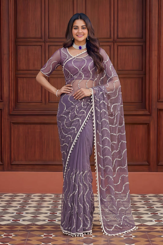 Elegant Lavender Net Embroidered Saree Sequins Work for Wedding
